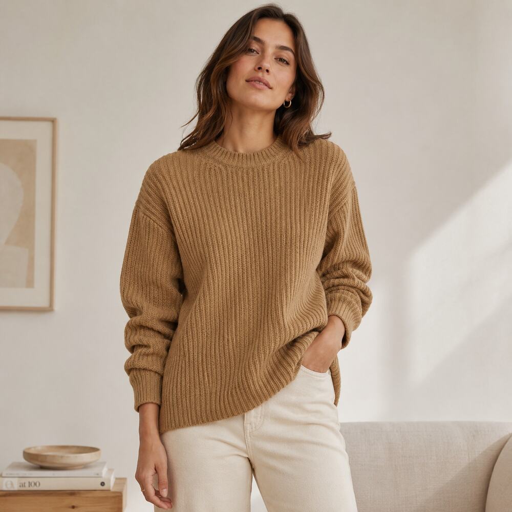 Everlane SZ XXS Oversized Crew In Luxe Merino Sweater - Deep Camel NWT $148